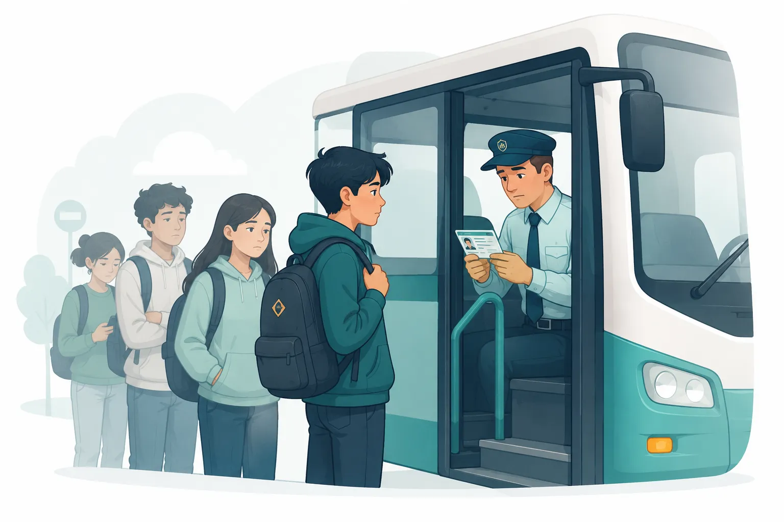 Una fila de estudiantes espera mientras el conductor inspecciona una credencial física.