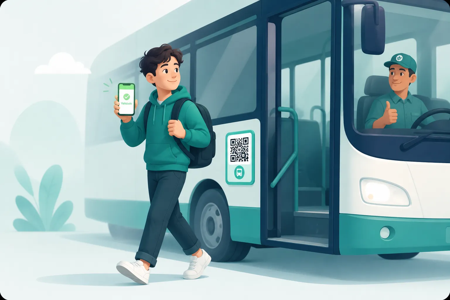 Un estudiante valida su acceso con el celular y avanza mientras el conductor asiente.