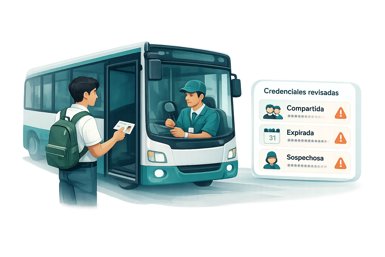 Un conductor revisa con lupa la credencial física de un estudiante en la puerta del camión.
