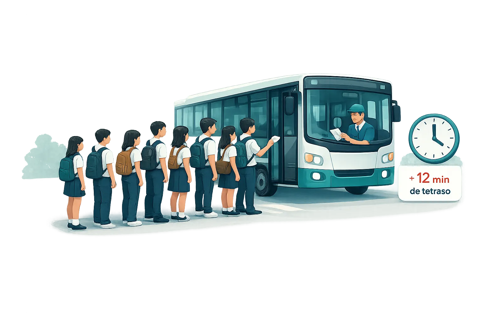 Una fila de estudiantes espera para subir mientras el conductor revisa credenciales una por una.